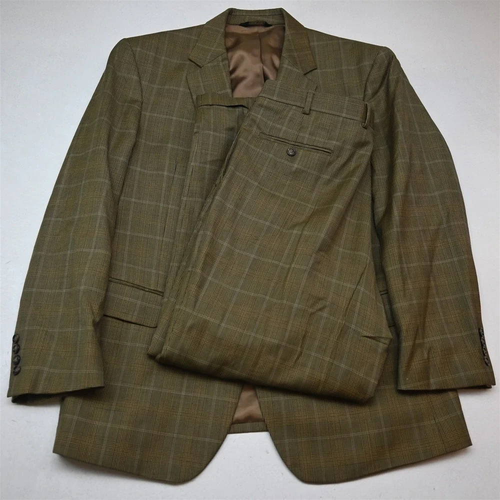 Jos A Bank 44R 36x30 Brown Glenn Check 100% Wool Mens Jacket Pants Suit